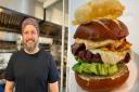 Adam Clayton is running the kitchen at the George and Dragon in Newton by Castle Acre, also pictured is one of the Fanny Adams burgers Picture: AW PR/Fanny Adams