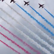 The Red Arrows flypast at the D-Day 75th anniversary service at Arromanches. Picture: DENISE BRADLEY