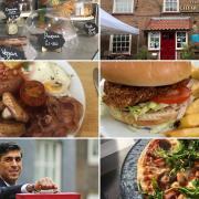 Some of the places in Norfolk offering Eat Out to Help Out deals, and chancellor Rishi Suank. Photo: Liz Coates, PA Images/PA Wire, Lauren Cope, Kim Brockhouse and David Coombes