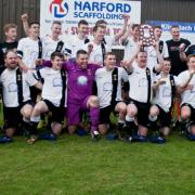 Swaffham Town celebrate with the Thurlow Nunn First Division runners-up shield following their 5-1 home win over Woodbridge Town Reserves at Shoemakers Lane. Picture: Eddie Deane