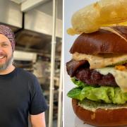Adam Clayton is running the kitchen at the George and Dragon in Newton by Castle Acre, also pictured is one of the Fanny Adams burgers Picture: AW PR/Fanny Adams