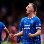 Rangers’ Lawrence Shankland celebrates after scoring his sides first goal during the William Hill Premiership match at Pittodrie Stadium, Aberdeen. Picture date: Sunday August 30, 2026.