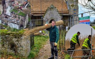 Jamie Lloyd (main image) with the scene after the fire at Beachamwell Church and thatchers at work restoring its roof